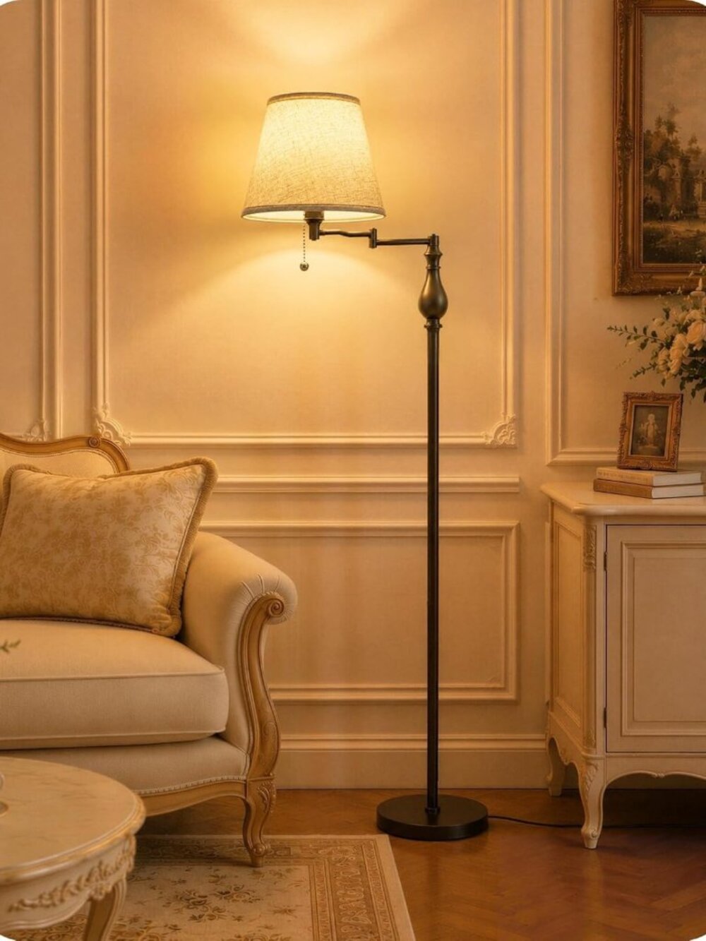 Vintage 61" Floor Lamp with Adjustable Swing Arm & Pull Chain, Dark Brown
